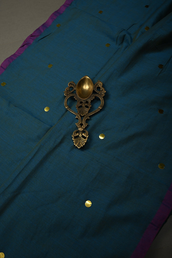 Peacock Blue Dual Tone Mercerized Mul Cotton Saree with Tikki Work and Long Tassels, No Blouse Piece | SHOBITAM