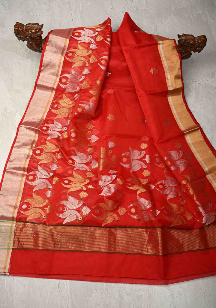 Chanderi Silk Saree in Red with Zari Butta  Meenakari Sona Rupa Twin Peacock Buttas above Zari Border