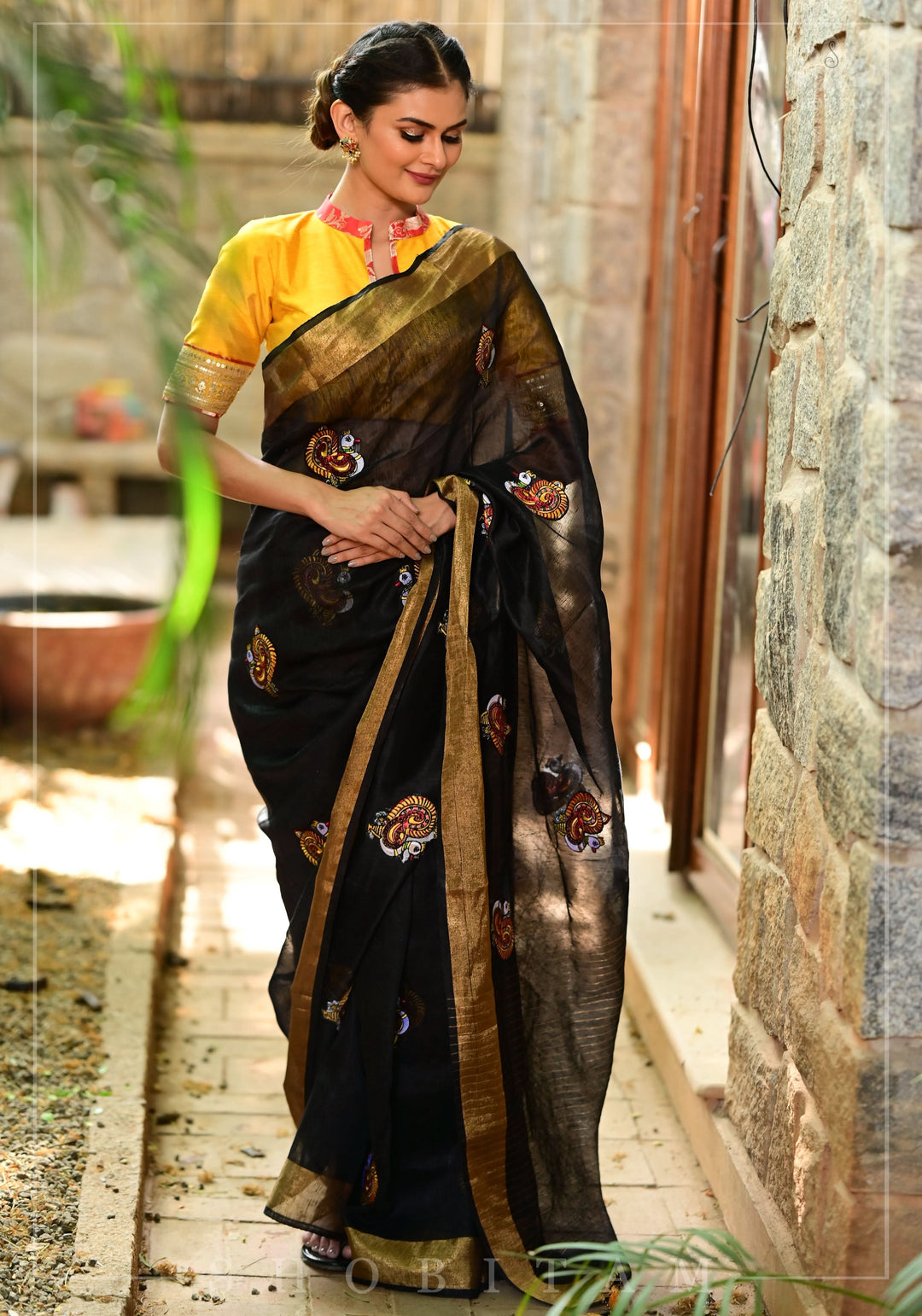 Annapakshi -the divine Swan embroidered motifs on Black Silk Linen Saree