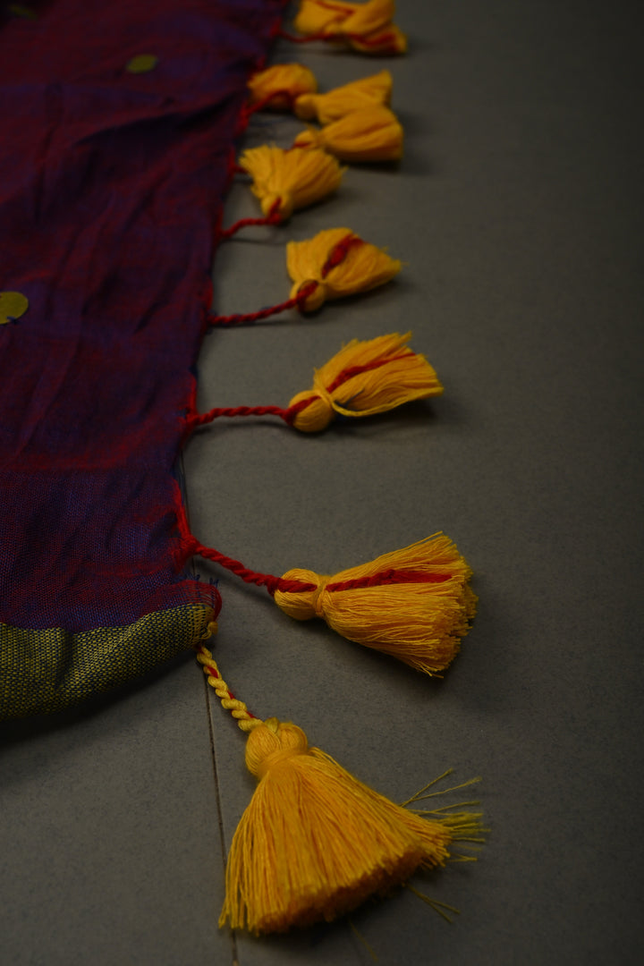 Purple-Red Mercerized Mul Cotton Saree with Tikki Work and Long Tassels, No Blouse Piece