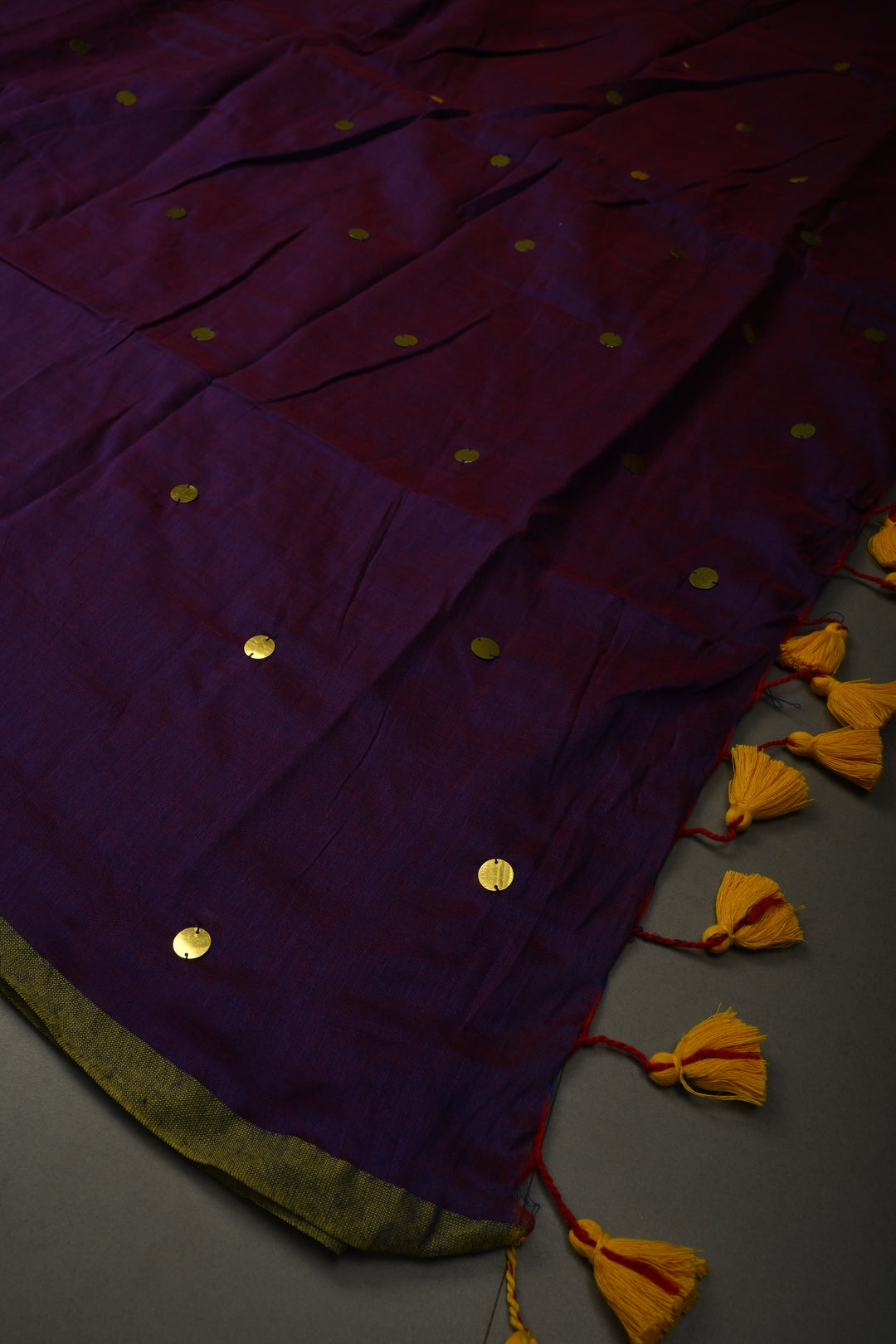 Purple-Red Mercerized Mul Cotton Saree with Tikki Work and Long Tassels, No Blouse Piece
