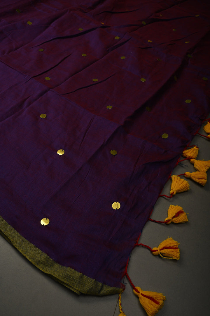 Purple-Red Mercerized Mul Cotton Saree with Tikki Work and Long Tassels, No Blouse Piece