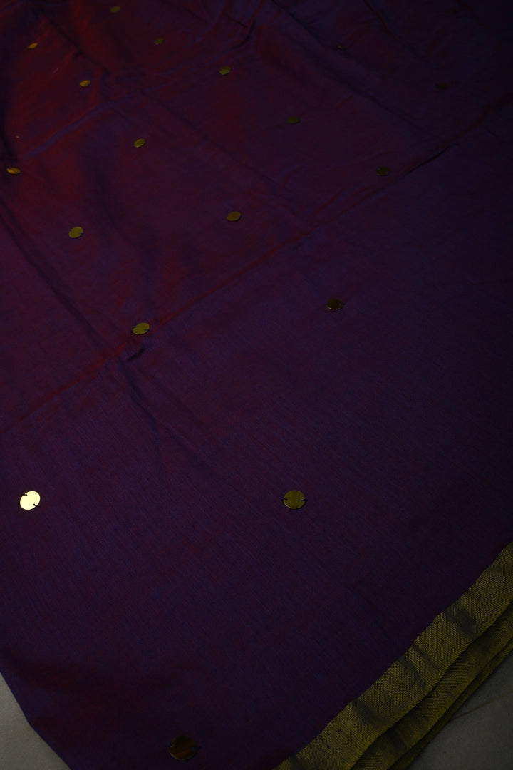 Purple-Red Mercerized Mul Cotton Saree with Tikki Work and Long Tassels, No Blouse Piece