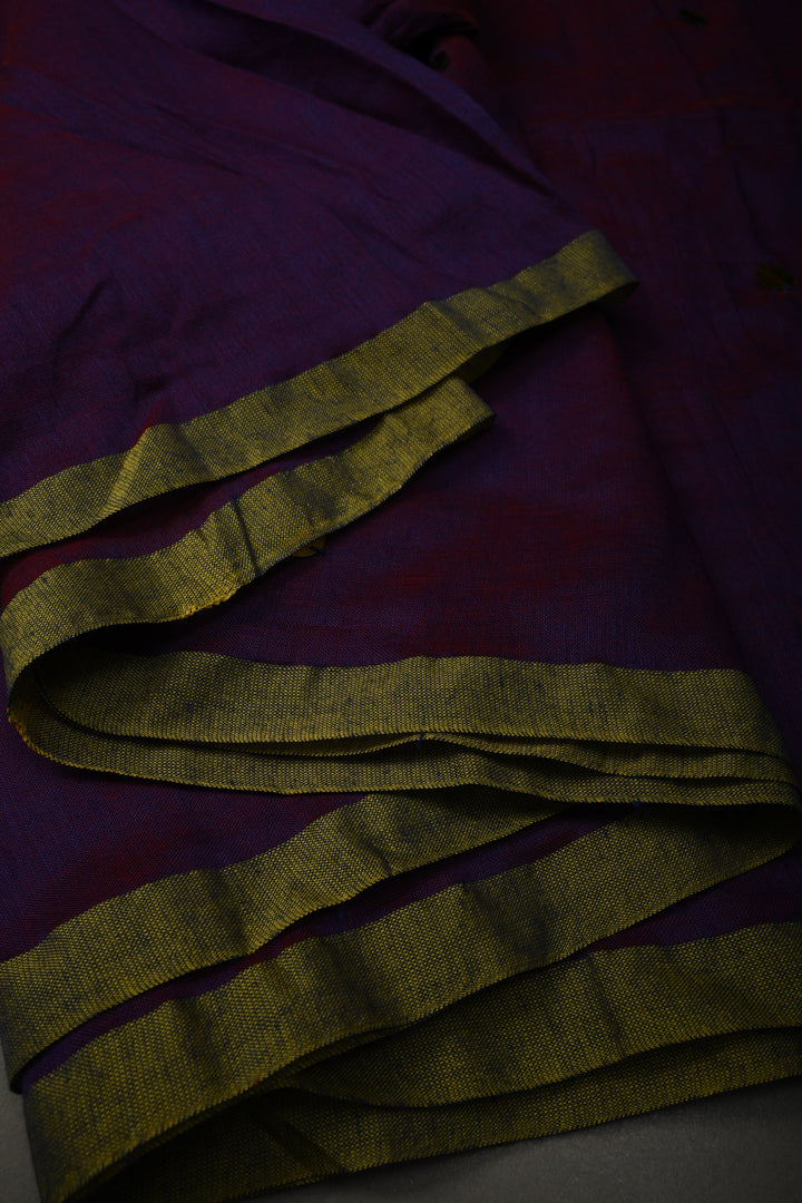 Purple-Red Mercerized Mul Cotton Saree with Tikki Work and Long Tassels, No Blouse Piece