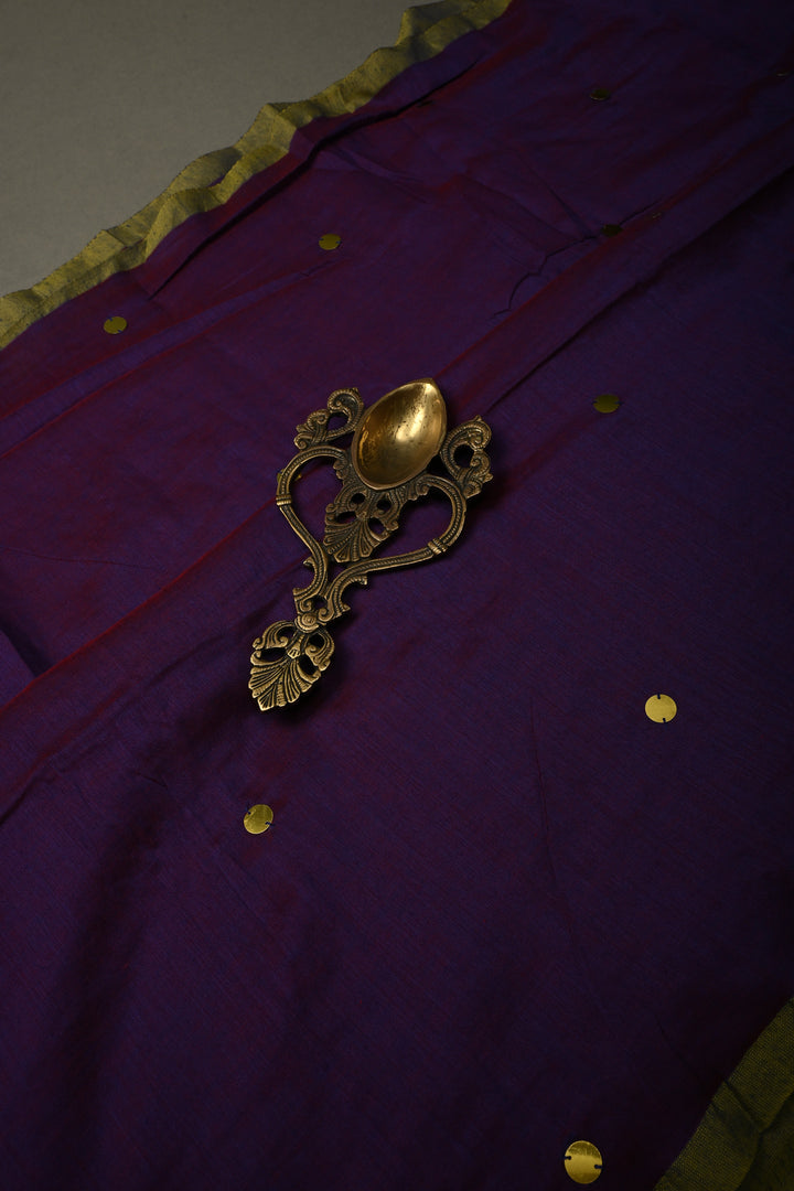 Purple-Red Mercerized Mul Cotton Saree with Tikki Work and Long Tassels, No Blouse Piece