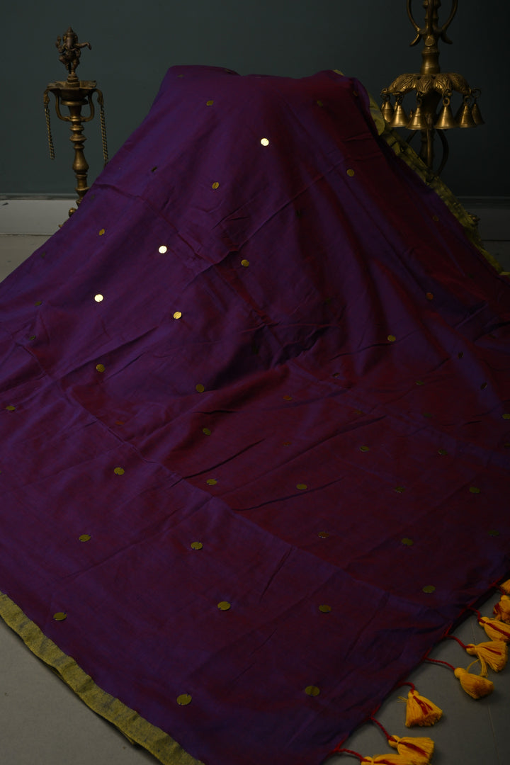 Purple-Red Mercerized Mul Cotton Saree with Tikki Work and Long Tassels, No Blouse Piece