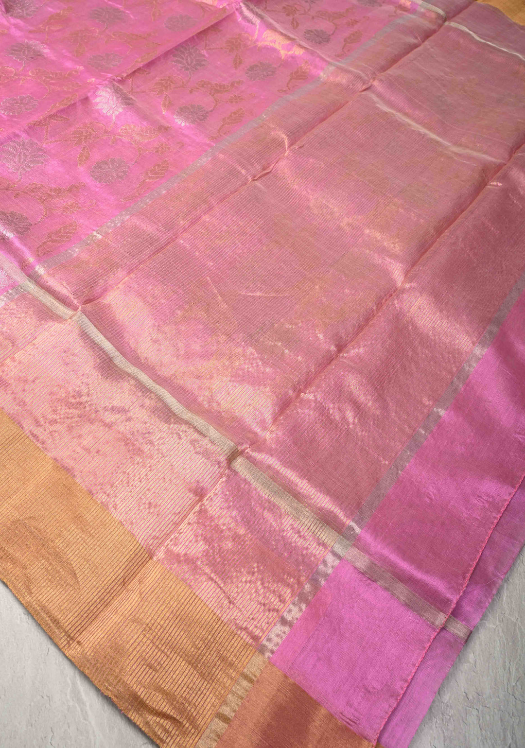 Pink Rose Chanderi Silk Saree with Sona Rupa Floral jaal with Peacock Motifs with Panel zari Border