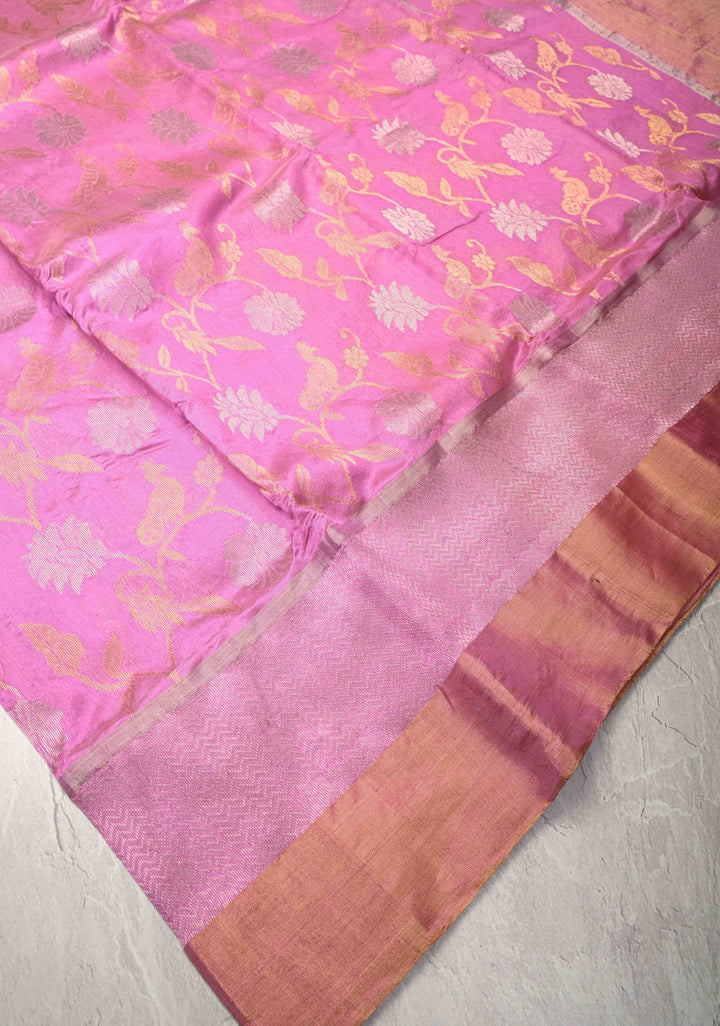 Pink Rose Chanderi Silk Saree with Sona Rupa Floral jaal with Peacock Motifs with Panel zari Border