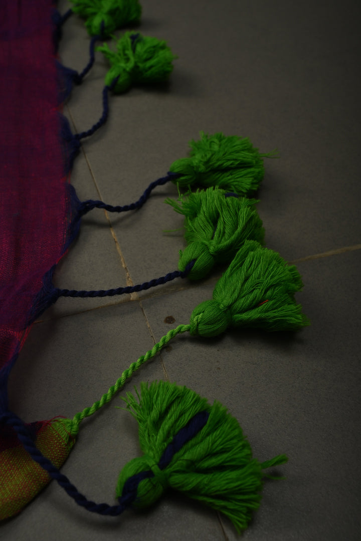 Magenta Mercerized Mul Cotton Saree with Tikki Work and Long Tassels, No Blouse Piece | SHOBITAM