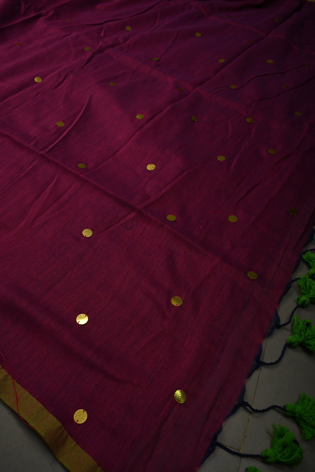 Magenta Mercerized Mul Cotton Saree with Tikki Work and Long Tassels, No Blouse Piece | SHOBITAM