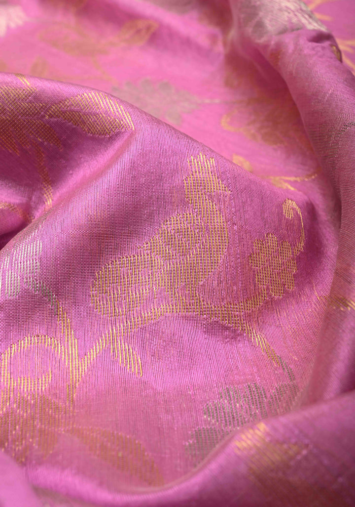 Pink Rose Chanderi Silk Saree with Sona Rupa Floral jaal with Peacock Motifs with Panel zari Border