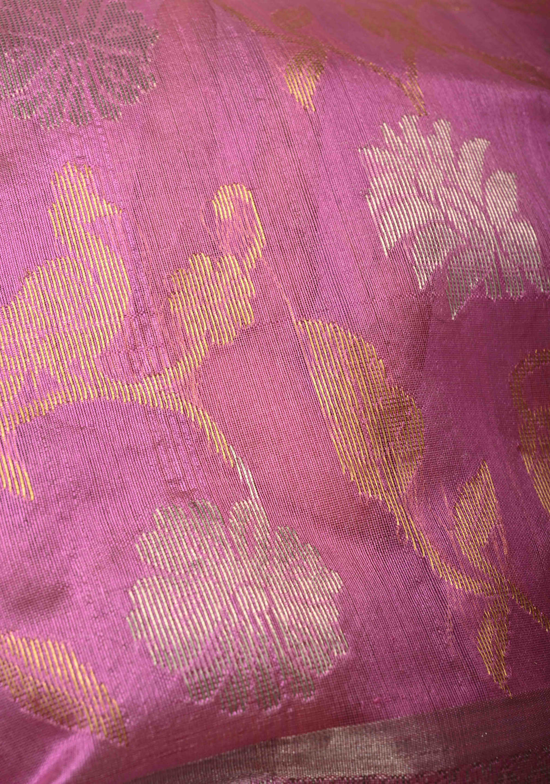 Pink Rose Chanderi Silk Saree with Sona Rupa Floral jaal with Peacock Motifs with Panel zari Border