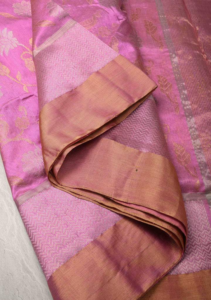 Pink Rose Chanderi Silk Saree with Sona Rupa Floral jaal with Peacock Motifs with Panel zari Border