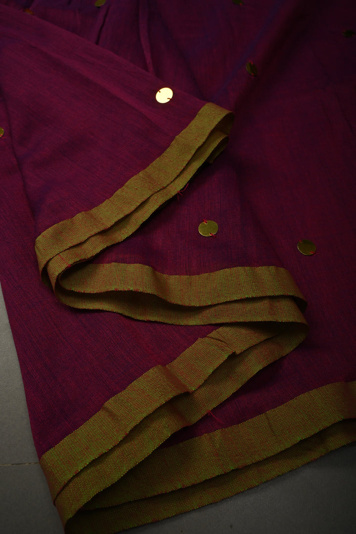 Magenta Mercerized Mul Cotton Saree with Tikki Work and Long Tassels, No Blouse Piece | SHOBITAM