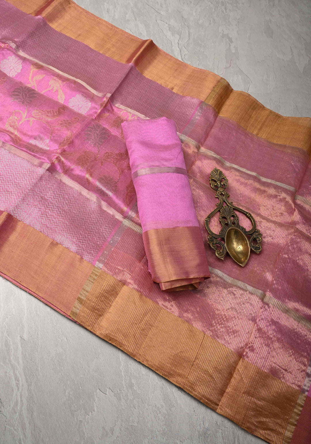Pink Rose Chanderi Silk Saree with Sona Rupa Floral jaal with Peacock Motifs with Panel zari Border