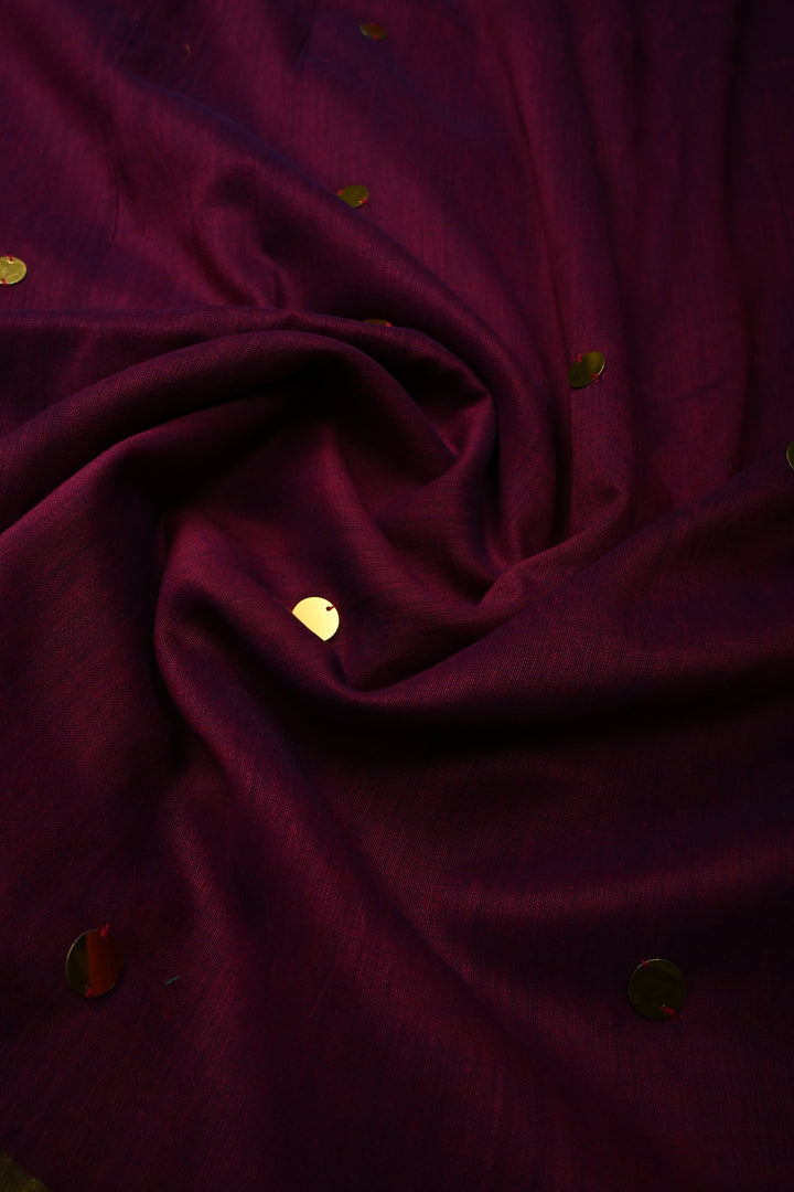 Magenta Mercerized Mul Cotton Saree with Tikki Work and Long Tassels, No Blouse Piece | SHOBITAM