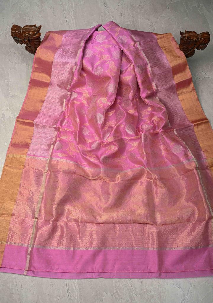 Pink Rose Chanderi Silk Saree with Sona Rupa Floral jaal with Peacock Motifs with Panel zari Border