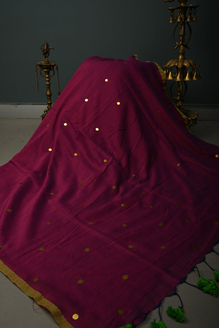 Magenta Mercerized Mul Cotton Saree with Tikki Work and Long Tassels, No Blouse Piece | SHOBITAM