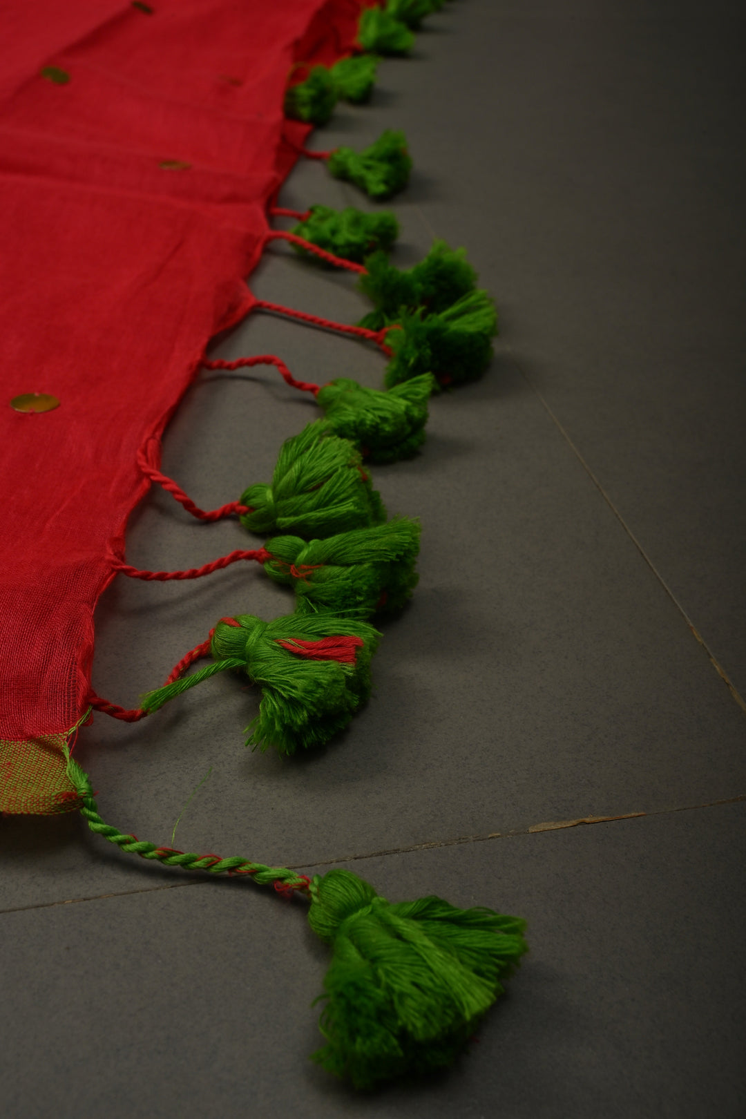 Amaranth Mercerized Mul Cotton Saree with Tikki Work and Long Tassels, No Blouse Piece | SHOBITAM
