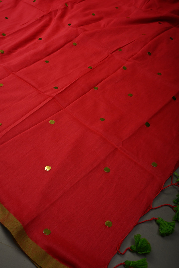 Amaranth Mercerized Mul Cotton Saree with Tikki Work and Long Tassels, No Blouse Piece | SHOBITAM