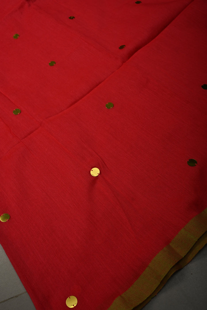 Amaranth Mercerized Mul Cotton Saree with Tikki Work and Long Tassels, No Blouse Piece | SHOBITAM
