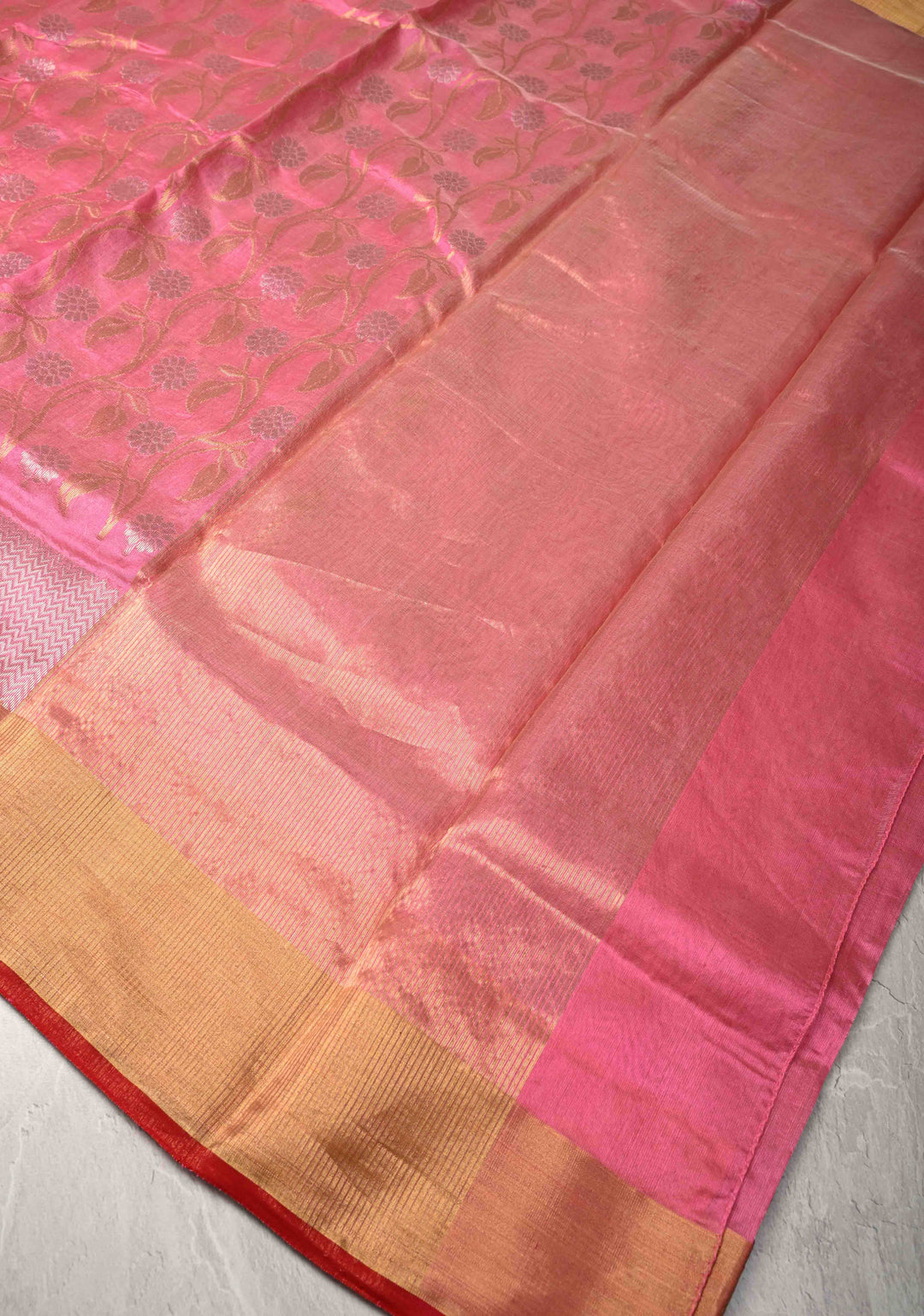 Chanderi Silk Saree in Pink with Sona Rupa Zari Buttas and Tissue Border
