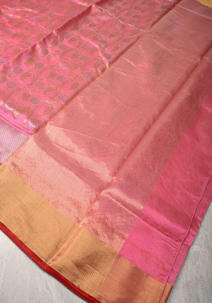 Chanderi Silk Saree in Pink with Sona Rupa Zari Buttas and Tissue Border
