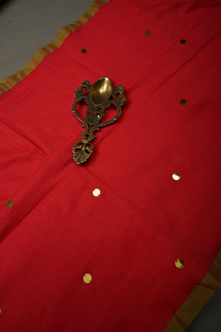 Amaranth Mercerized Mul Cotton Saree with Tikki Work and Long Tassels, No Blouse Piece | SHOBITAM