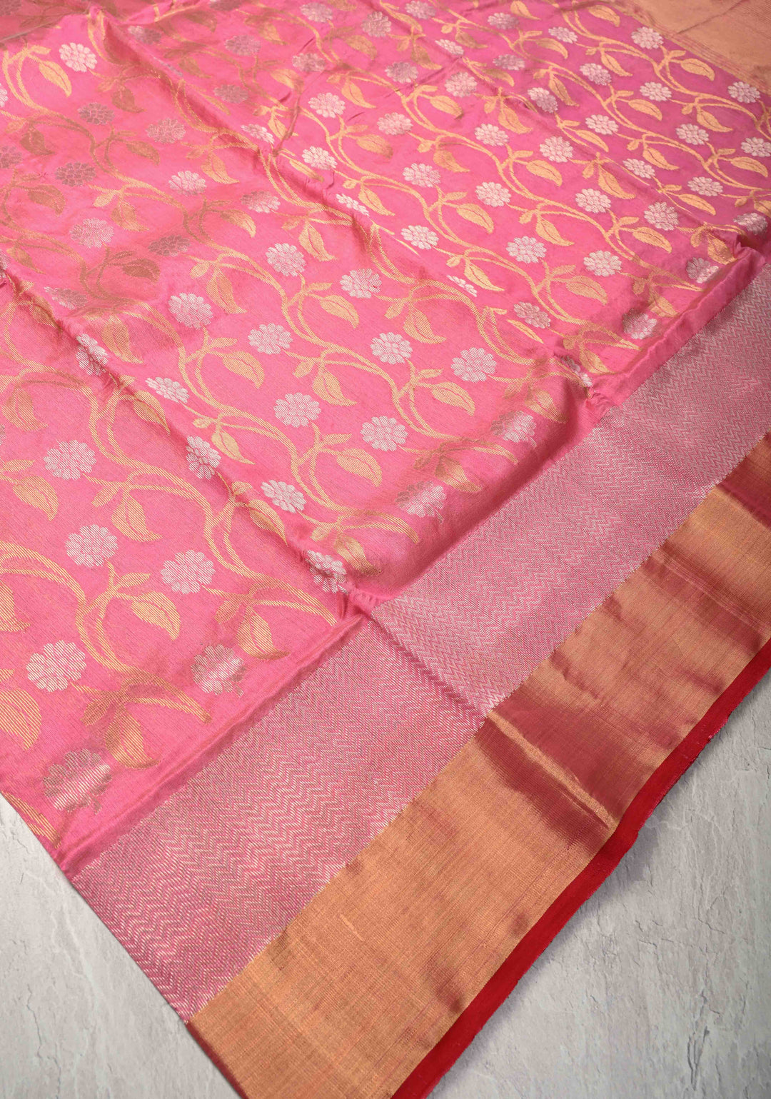 Chanderi Silk Saree in Pink with Sona Rupa Zari Buttas and Tissue Border