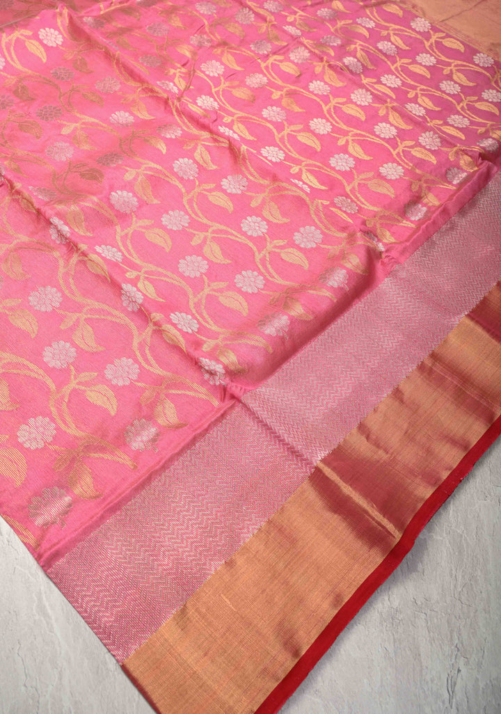 Chanderi Silk Saree in Pink with Sona Rupa Zari Buttas and Tissue Border