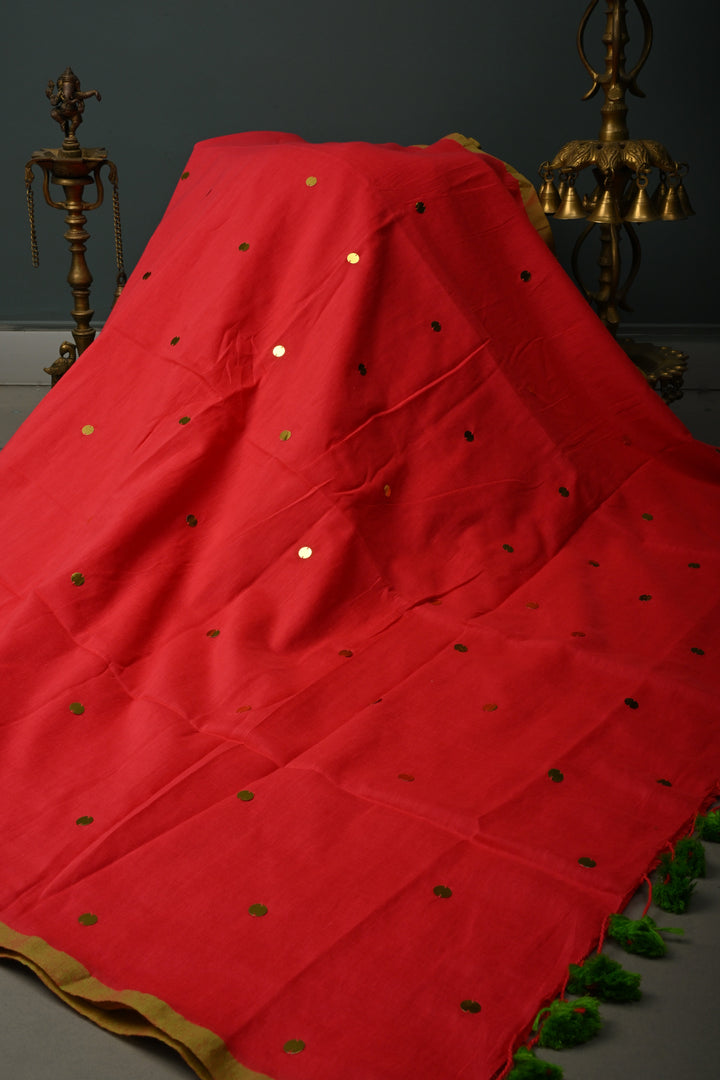 Amaranth Mercerized Mul Cotton Saree with Tikki Work and Long Tassels, No Blouse Piece | SHOBITAM