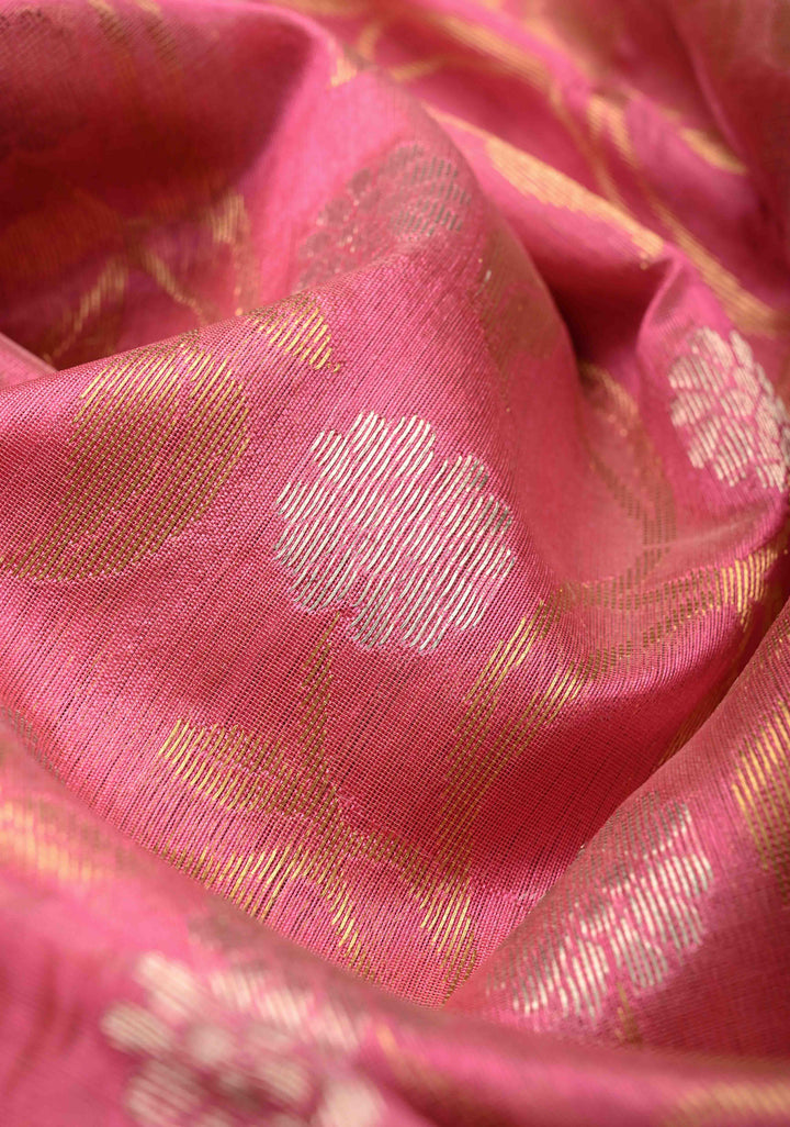 Chanderi Silk Saree in Pink with Sona Rupa Zari Buttas and Tissue Border