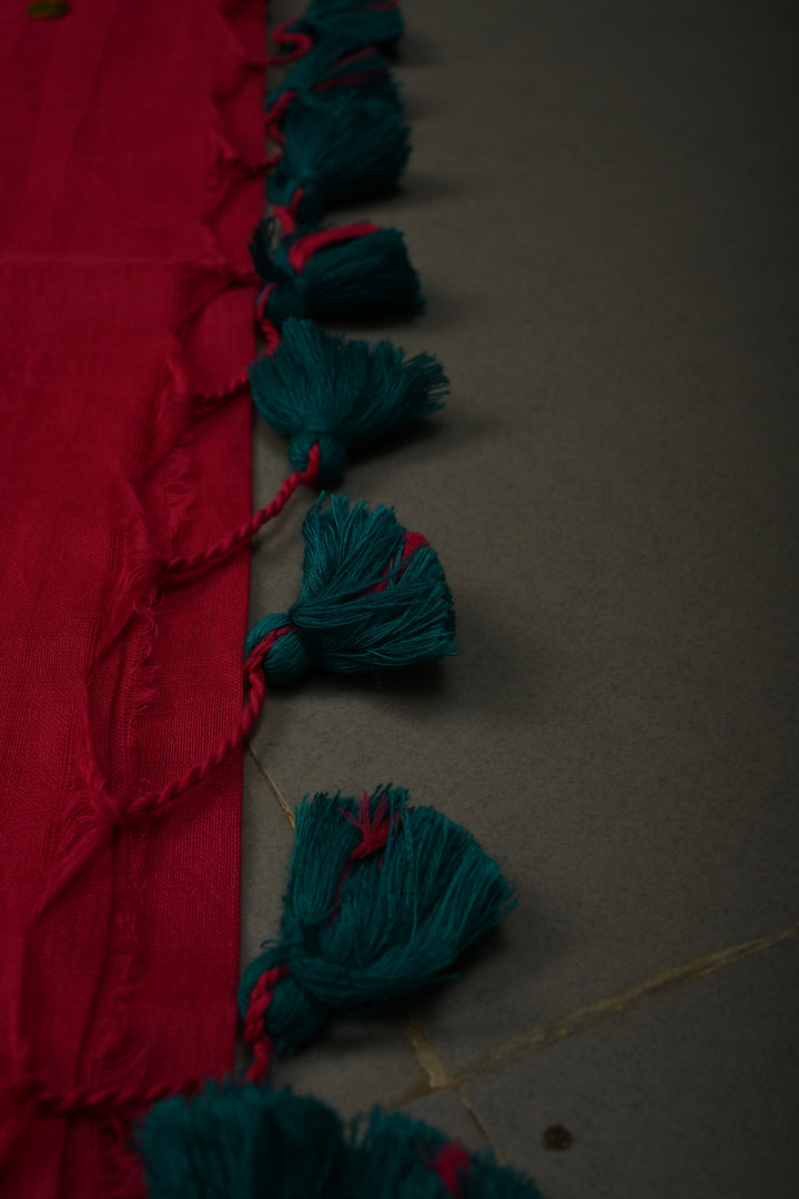 Rani Pink Mercerized Mul Cotton Saree with Tikki Work and Long Tassels,  No Blouse Piece | SHOBITAM