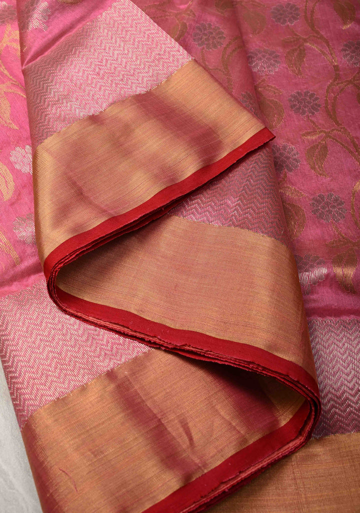 Chanderi Silk Saree in Pink with Sona Rupa Zari Buttas and Tissue Border