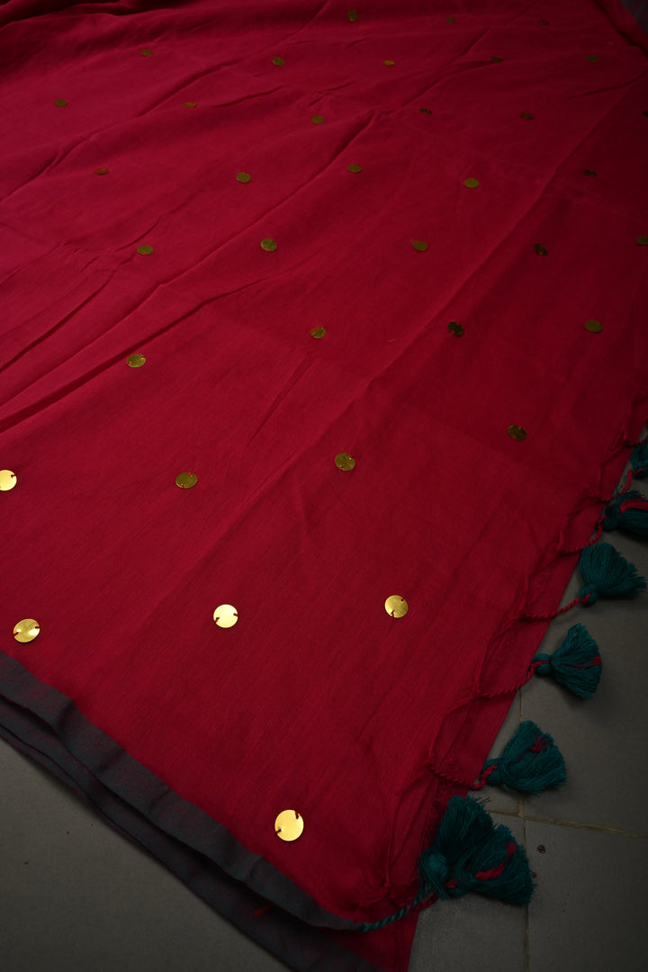 Rani Pink Mercerized Mul Cotton Saree with Tikki Work and Long Tassels,  No Blouse Piece | SHOBITAM