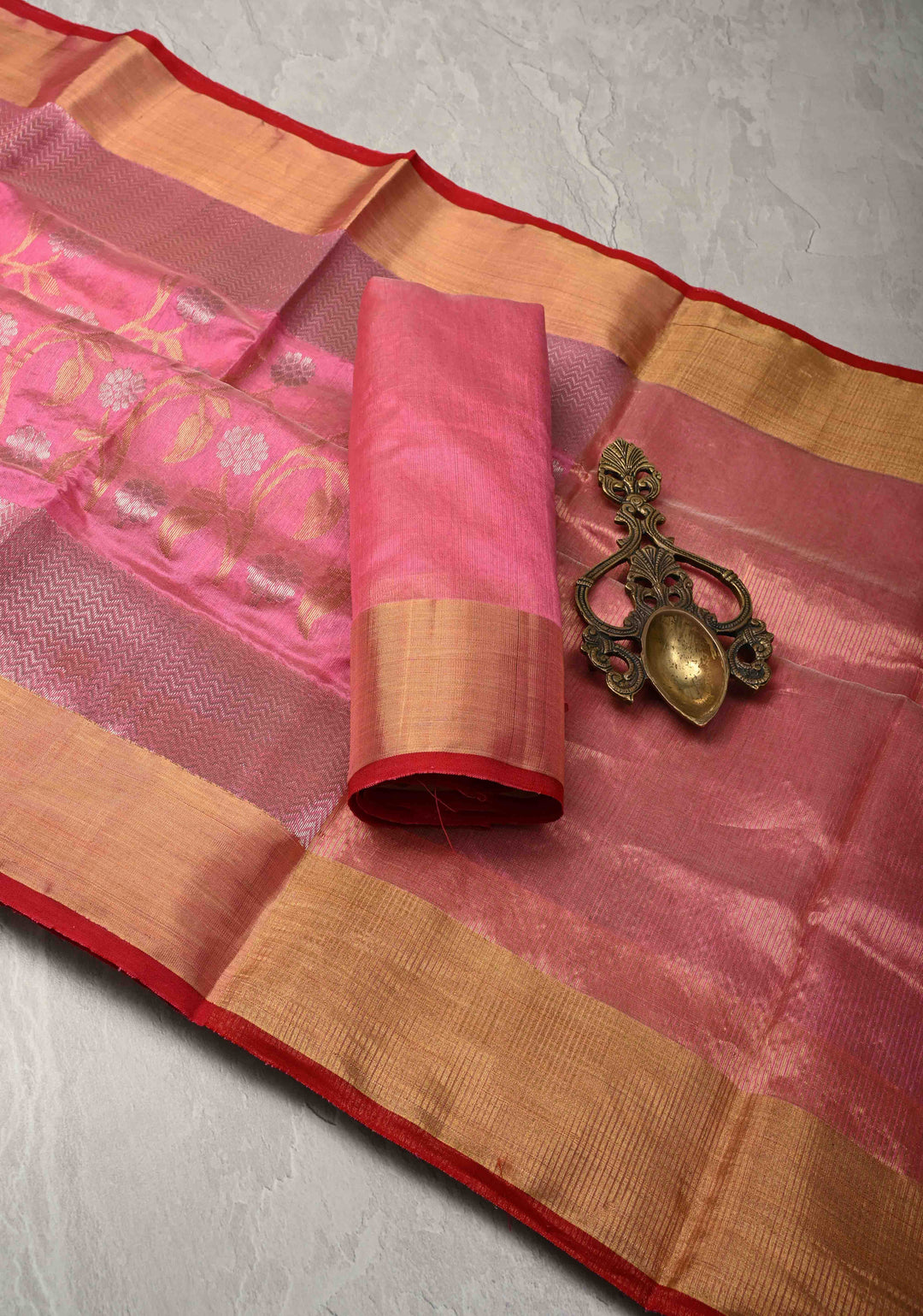 Chanderi Silk Saree in Pink with Sona Rupa Zari Buttas and Tissue Border