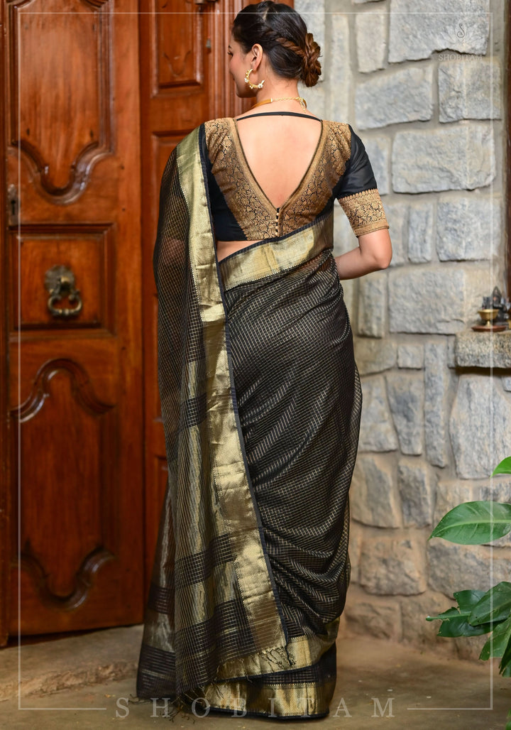 Black Blouse with Plunge Neck and Antique Tone Zari Detailing
