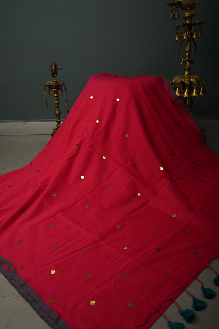 Rani Pink Mercerized Mul Cotton Saree with Tikki Work and Long Tassels,  No Blouse Piece | SHOBITAM