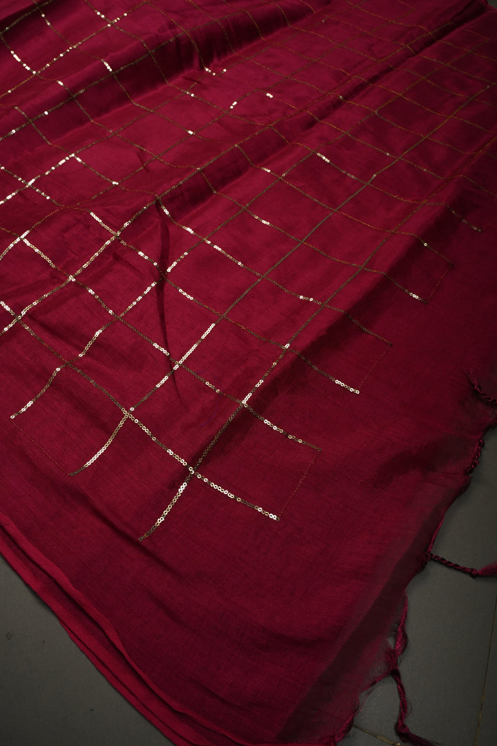 Magenta Tissue by Tissue Saree with Tikki Work and Long Tassels , No Blouse Peice | SHOBITAM