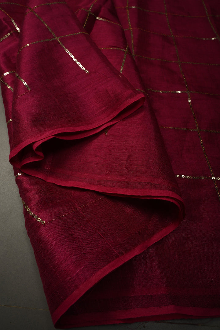 Magenta Tissue by Tissue Saree with Tikki Work and Long Tassels , No Blouse Peice | SHOBITAM