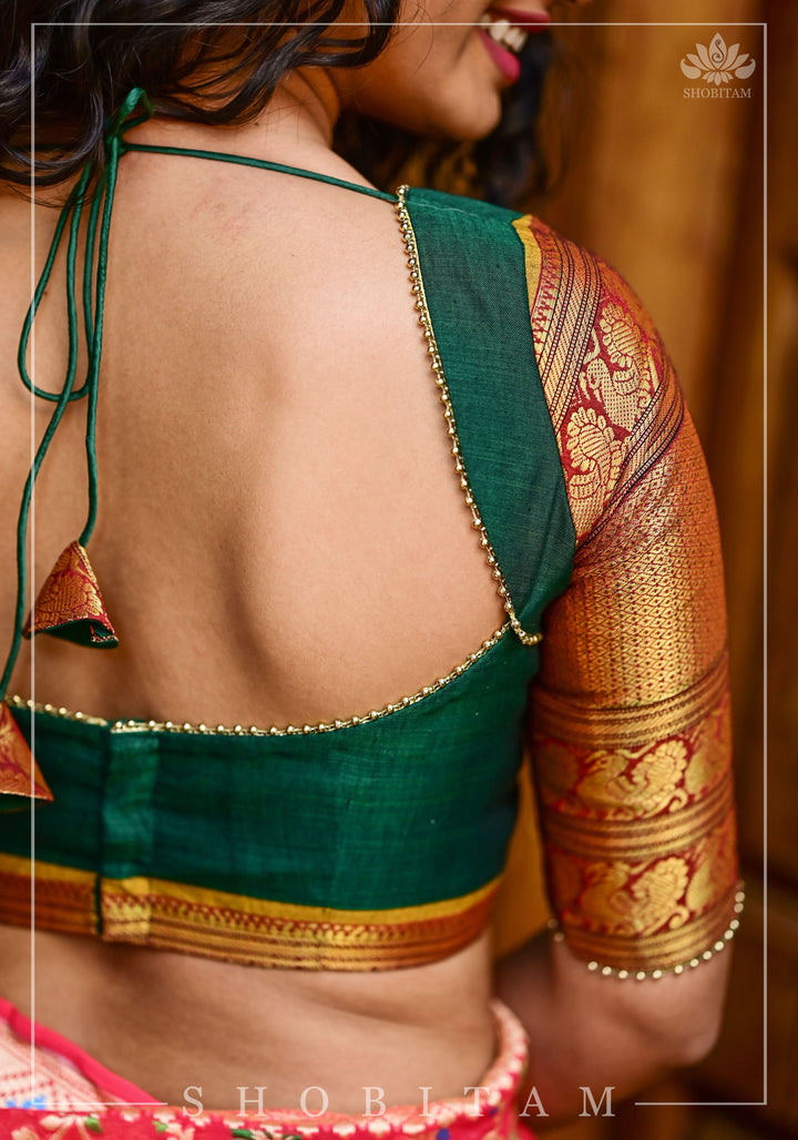 Emerald green narayanpet cotton sweet heart neck armband blouse