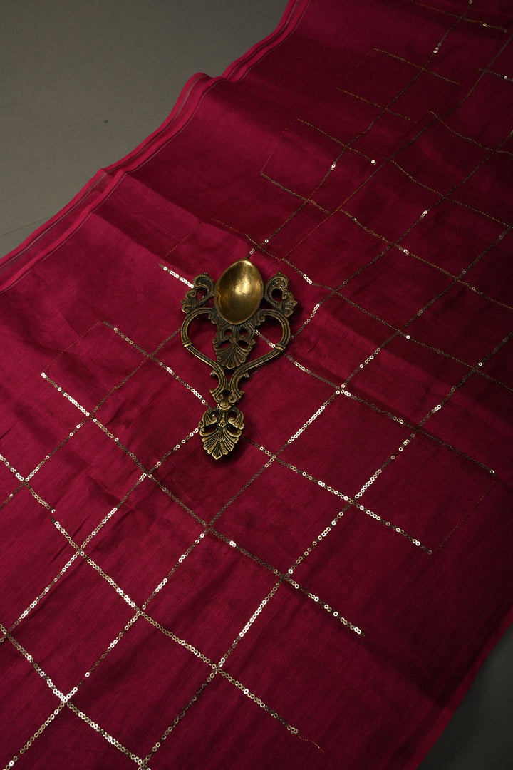 Magenta Tissue by Tissue Saree with Tikki Work and Long Tassels , No Blouse Peice | SHOBITAM