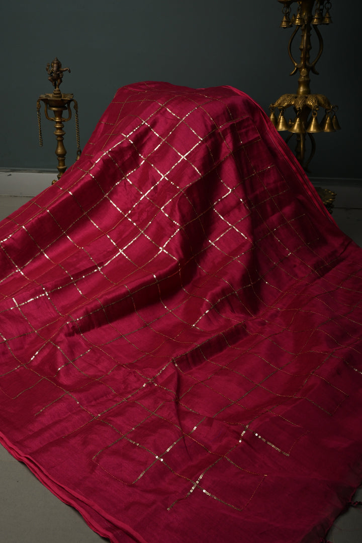 Magenta Tissue by Tissue Saree with Tikki Work and Long Tassels , No Blouse Peice | SHOBITAM