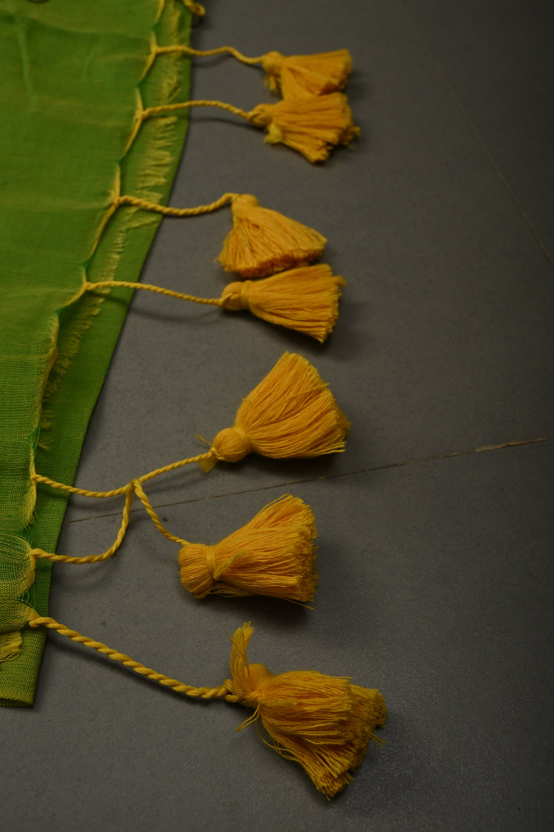 Parrot Green Mercerized Mul Cotton Saree with Tikki Work and Long Tassels, No Blouse Piece | SHOBITAM