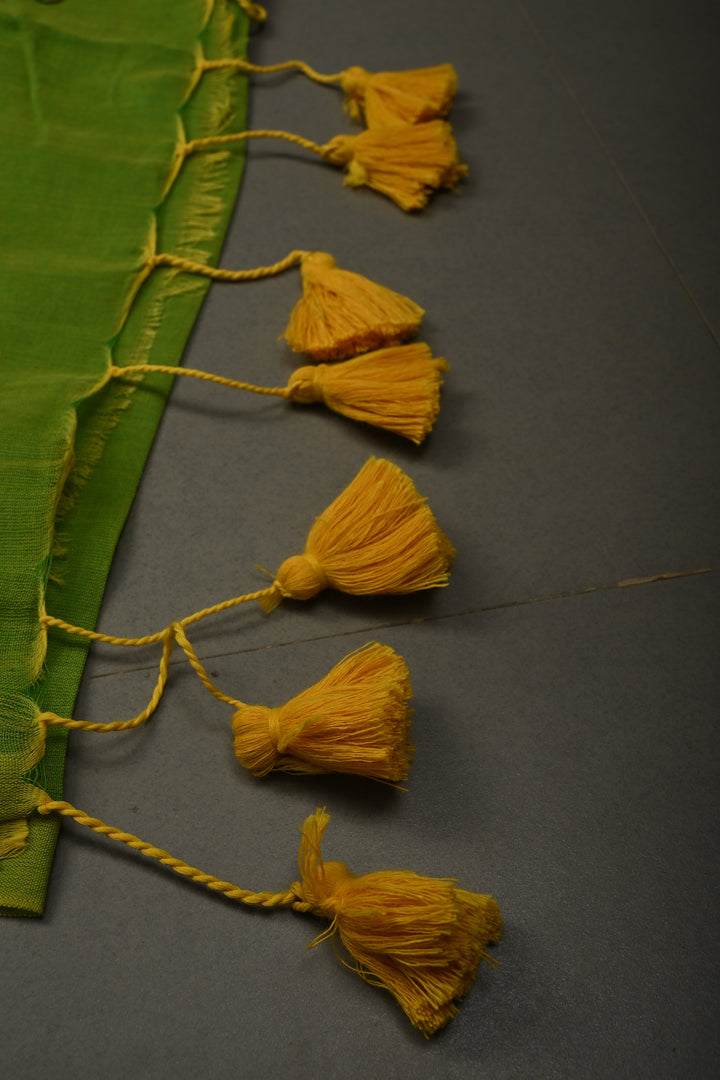 Parrot Green Mercerized Mul Cotton Saree with Tikki Work and Long Tassels, No Blouse Piece | SHOBITAM