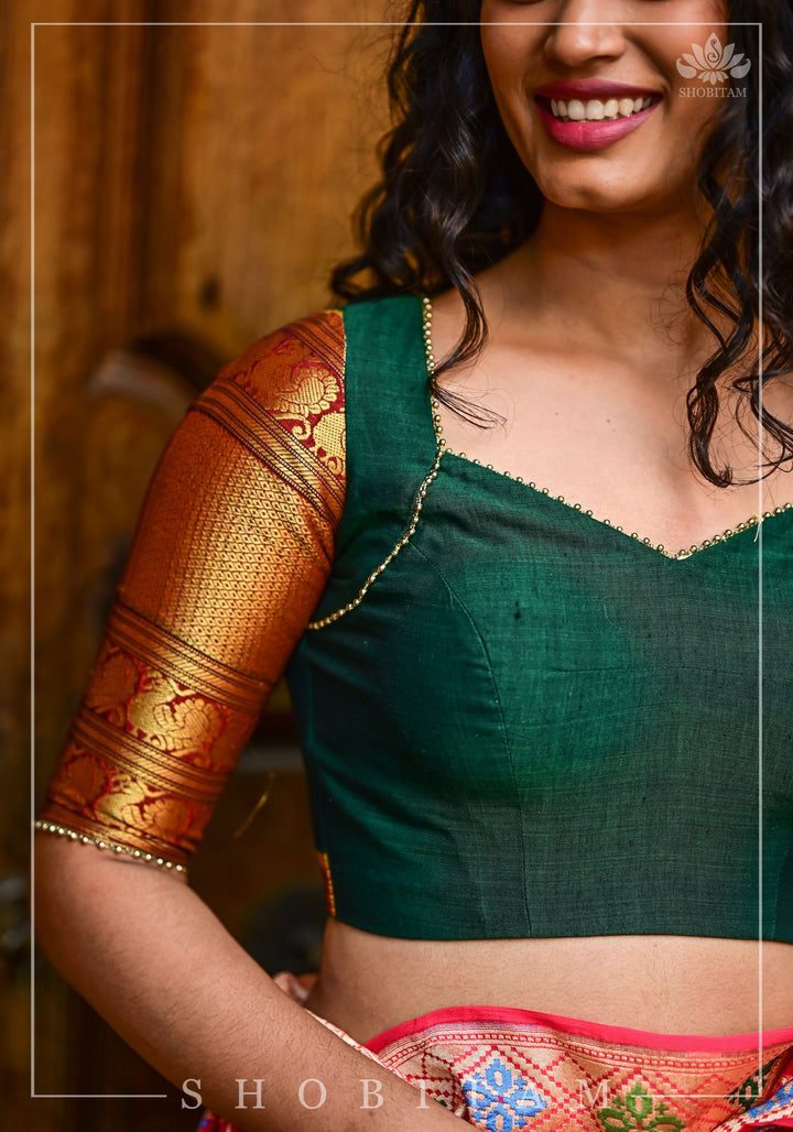 Emerald green narayanpet cotton sweet heart neck armband blouse