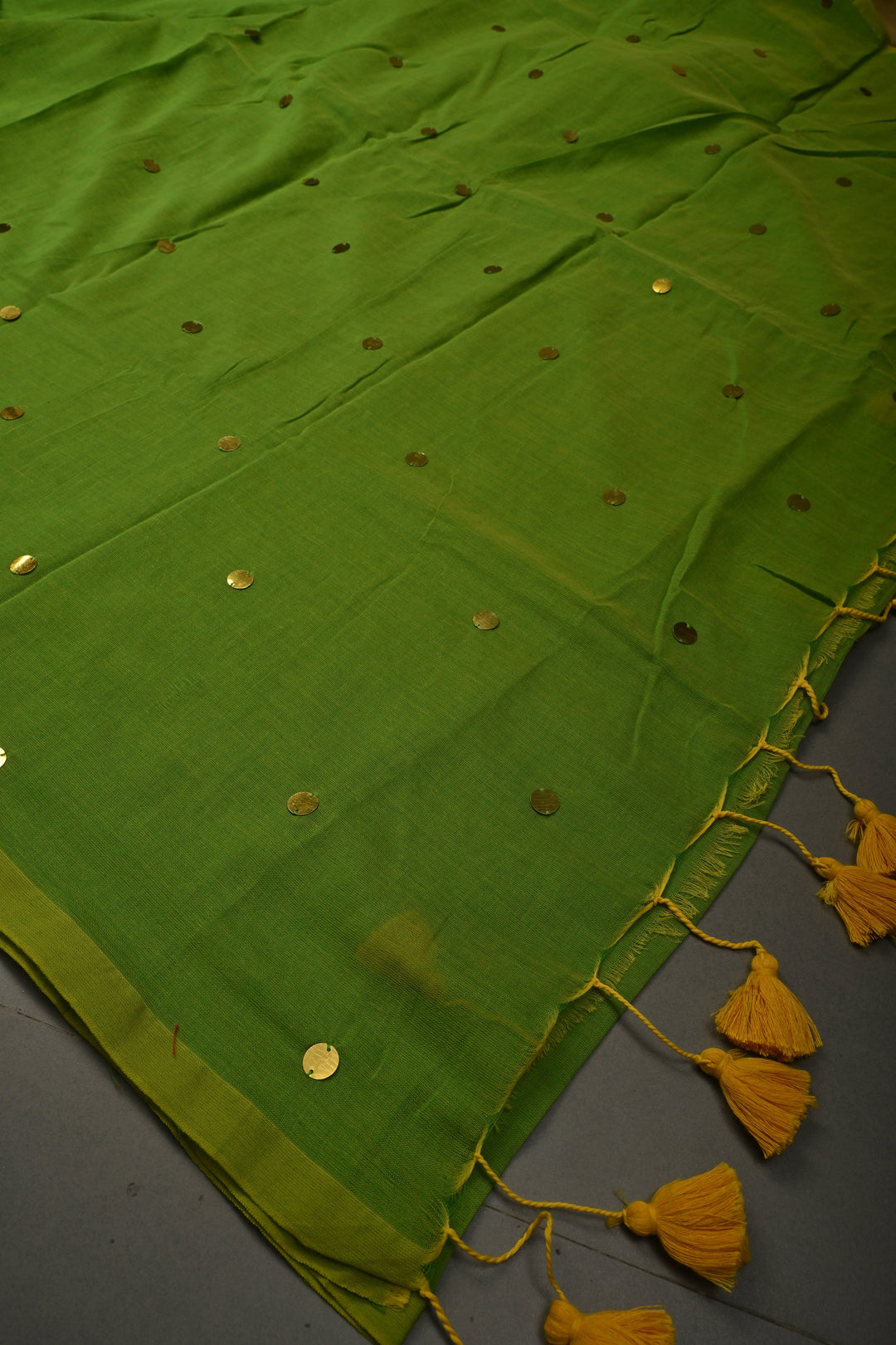 Parrot Green Mercerized Mul Cotton Saree with Tikki Work and Long Tassels, No Blouse Piece | SHOBITAM