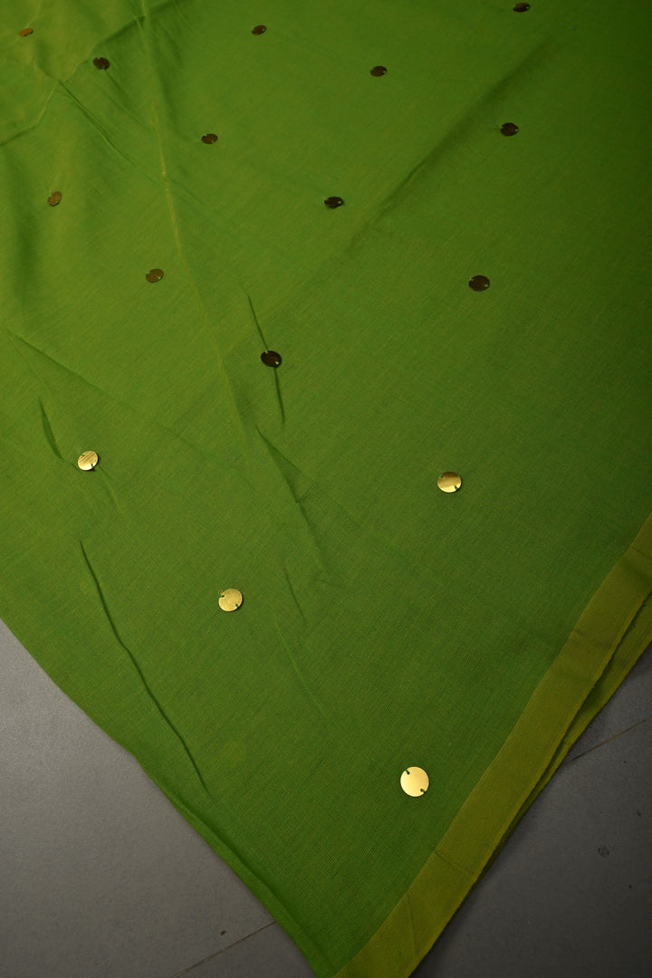 Parrot Green Mercerized Mul Cotton Saree with Tikki Work and Long Tassels, No Blouse Piece | SHOBITAM