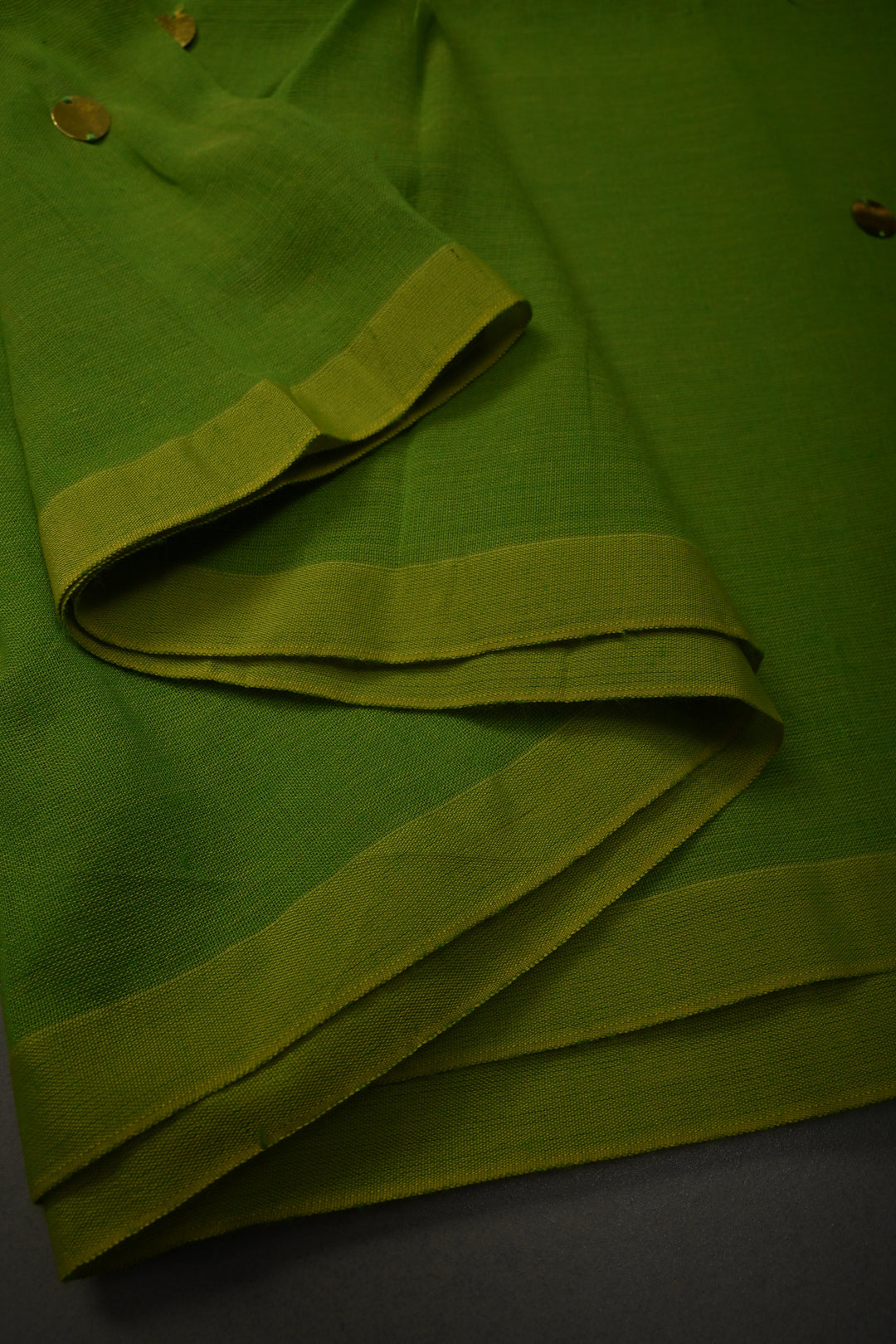 Parrot Green Mercerized Mul Cotton Saree with Tikki Work and Long Tassels, No Blouse Piece | SHOBITAM