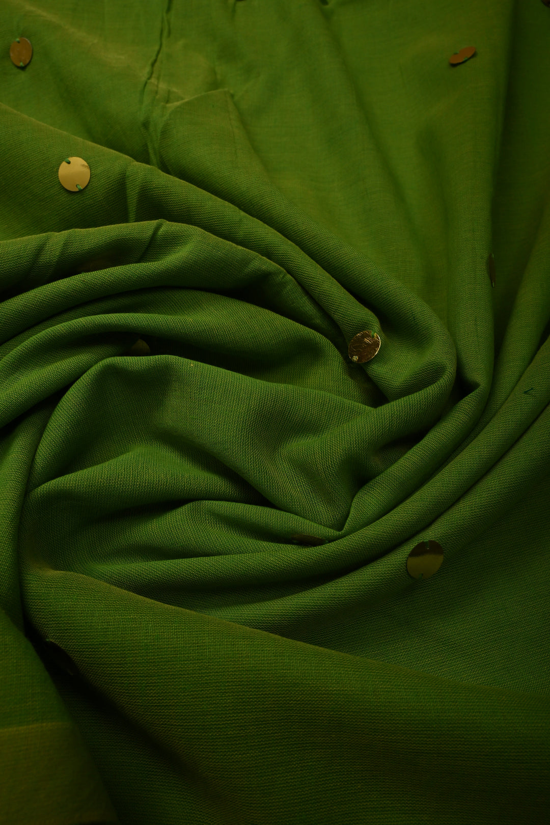 Parrot Green Mercerized Mul Cotton Saree with Tikki Work and Long Tassels, No Blouse Piece | SHOBITAM